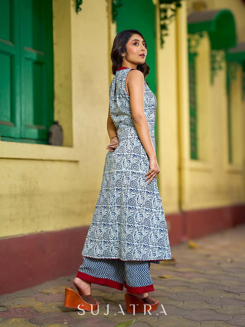 Indigo Alternating Kali Kurta with Floral & Zigzag Prints, Maroon Accents and Handcrafted Mirror Work