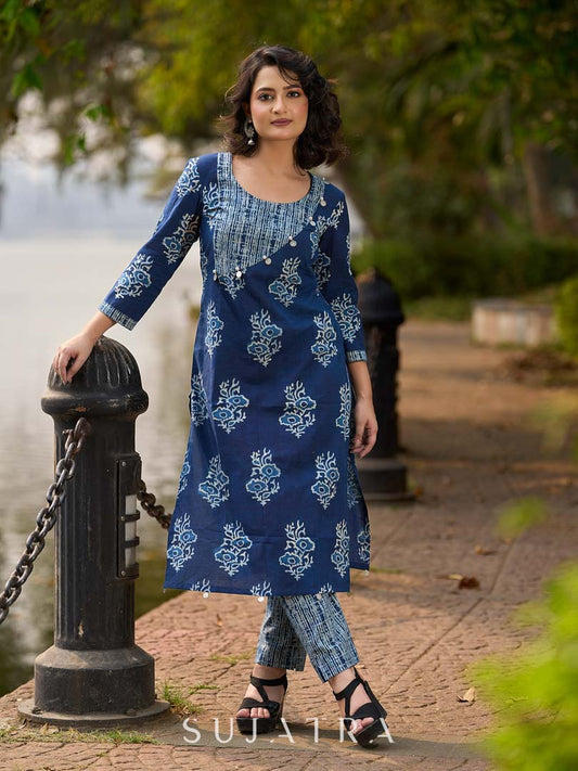 Indigo Bloom Print Kurta with Asymmetric Stripe Panel and Coin Embellishments