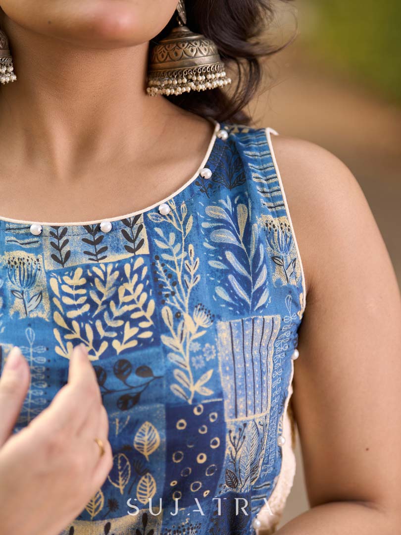 Indigo Abstract Printed Kurta with Side Cut Panels, Hakoba Inserts and Pearl Embellishments