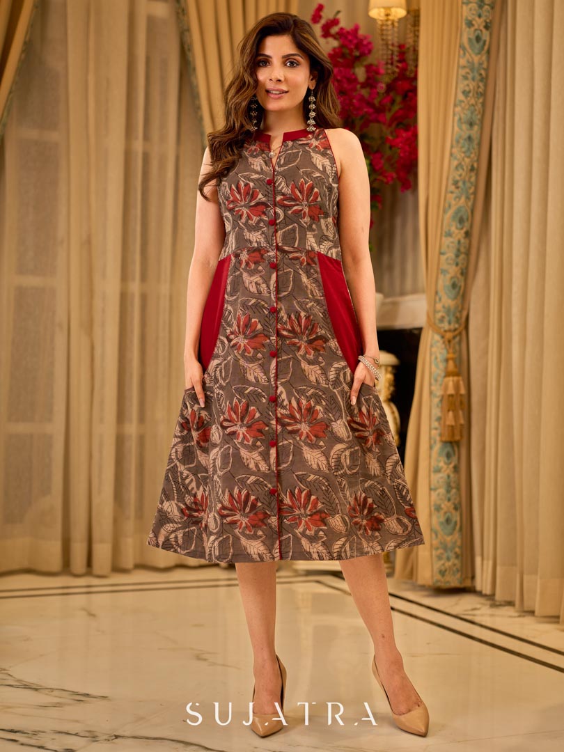 Ash Brown Floral Sleeveless Dress with Mandarin Collar and Rustic Maroon Details
