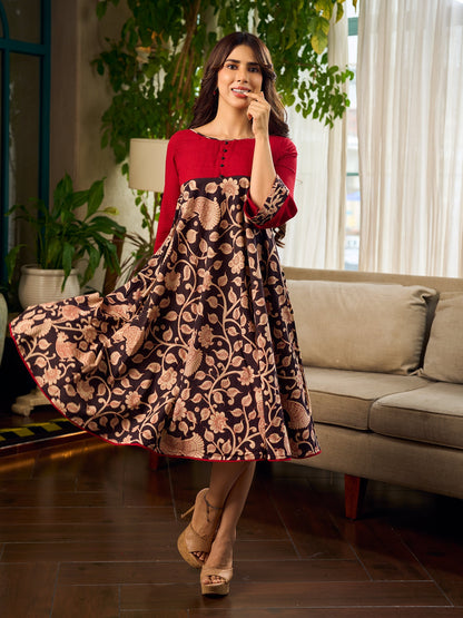 Black and Maroon Elegant Kalamkari Dress with pintuck detailing and flowing bias-cut silhouette.