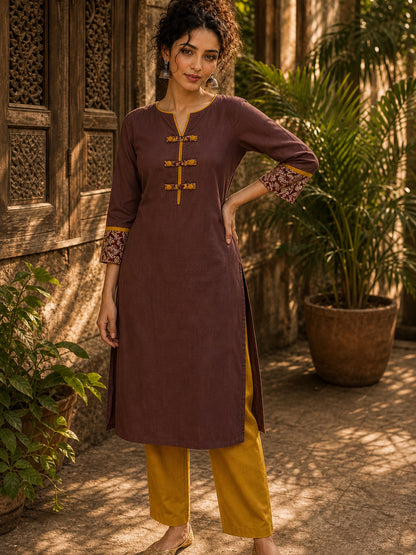 Earthy Brown Cotton Kurta with Statement Kalamkari Block Print Cuffs & Mustard Piping