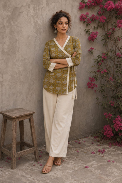 Mustard Jaipur cotton wrap-style Angarkha top with off-white Hakoba cuffs and graceful contrast accents.
