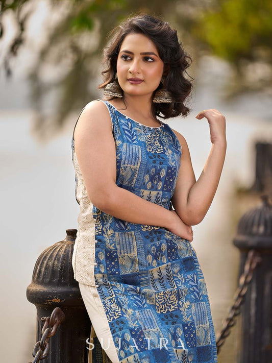 Indigo Abstract Printed Kurta with Side Cut Panels, Hakoba Inserts and Pearl Embellishments