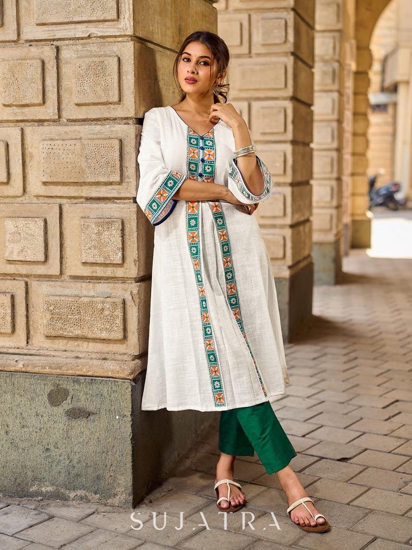 Timeless White Cotton Kurta with Hand Painted Madhubani Motifs on Front & Sleeves