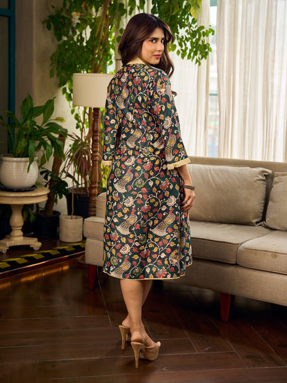 Classic bottle green Kalamkari printed dress with a beige elegant pintuck detailing.