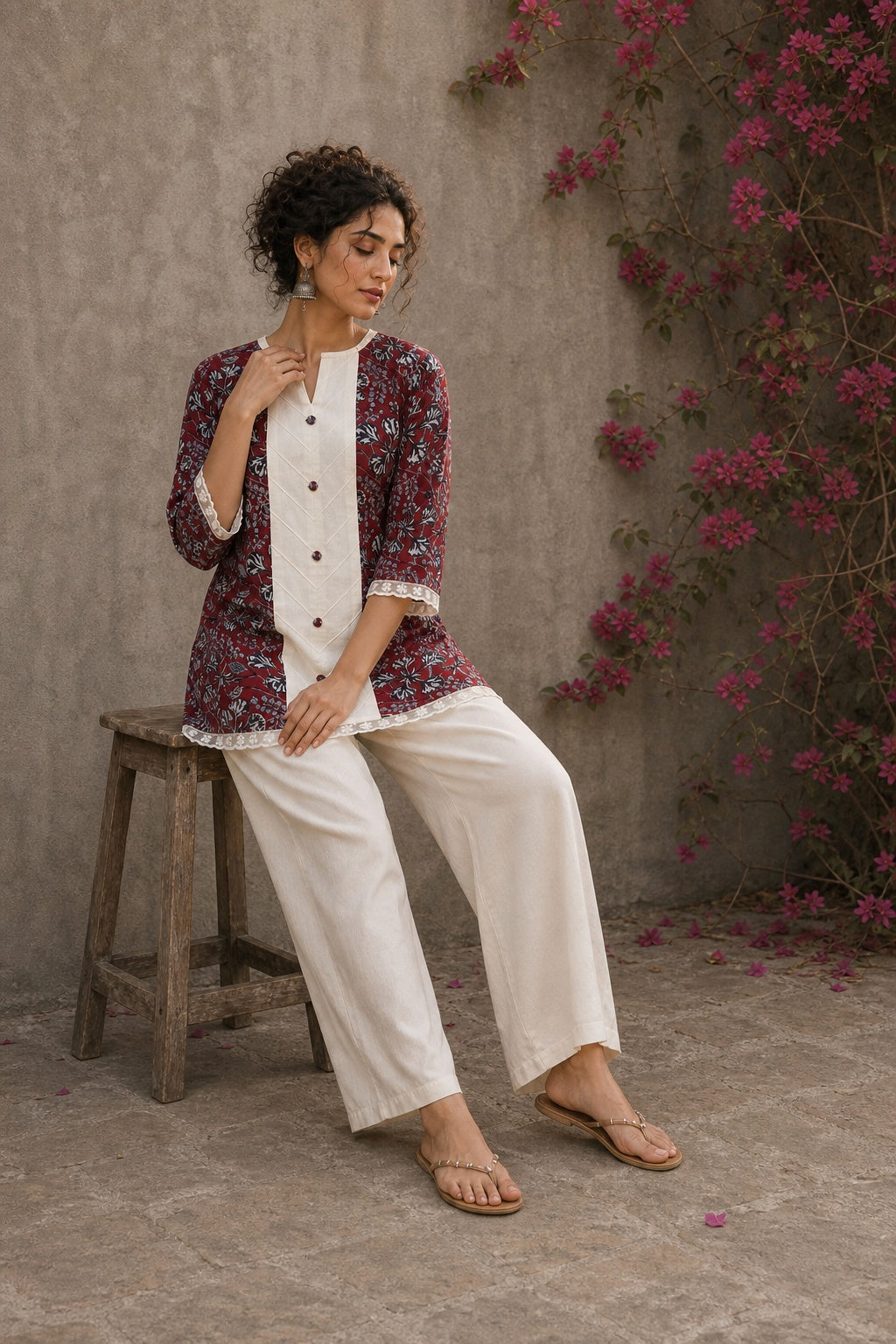 Deep red Jaipur floral printed top featuring maroon pintuck yoke, off-white panel, and scalloped lace detailing.