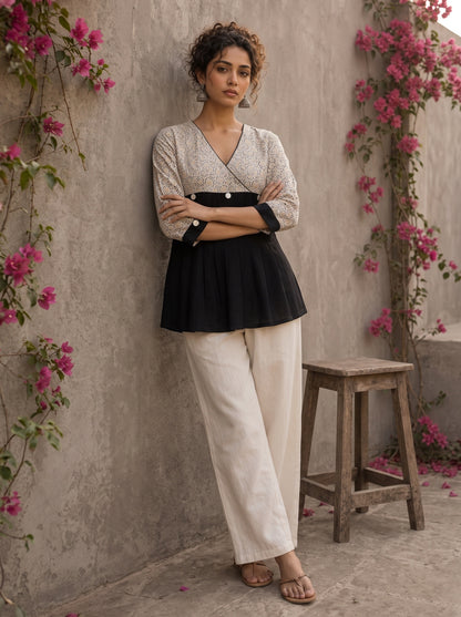 Black Jaipur floral printed yoke top featuring black pintuck body, three-quarter sleeves, and delicate ruffled sleeve edging.