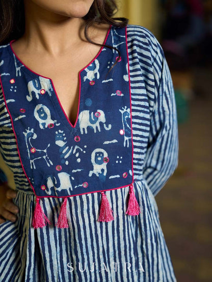Contemporary Indigo Striped Kurta Featuring Animal Patch Detail, Drop Shoulders and Magenta Mirror Accents