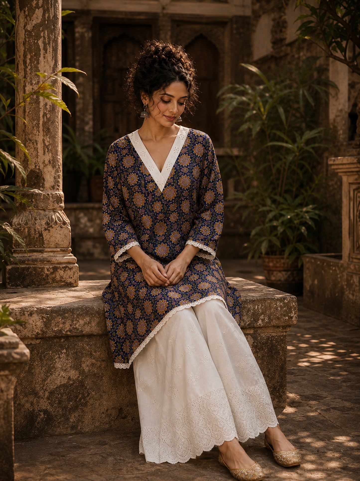 Navy Blue Floral Print Short Kurta with White Hakoba V-Neck Trim & Bell Sleeves