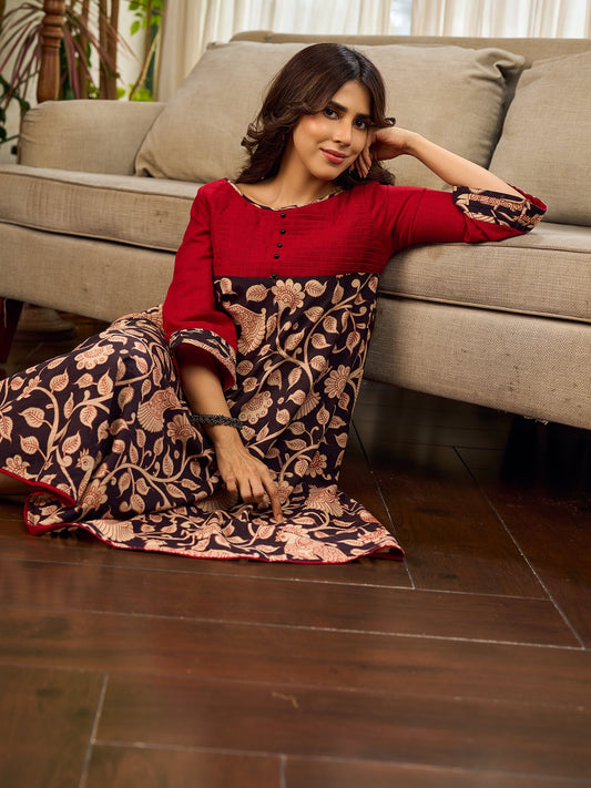 Black and Maroon Elegant Kalamkari Dress with pintuck detailing and flowing bias-cut silhouette.