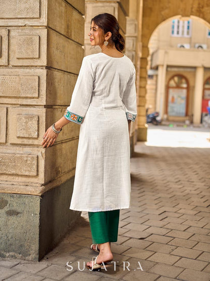 Timeless White Cotton Kurta with Hand Painted Madhubani Motifs on Front & Sleeves