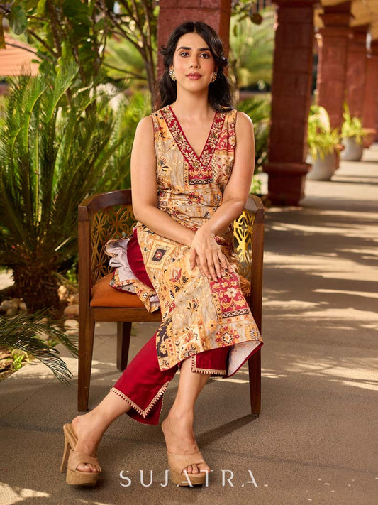 Graceful cream all-over printed kurta adorned with an overlapping maroon zardozi-embroidered neckline and bold maroon detailing.