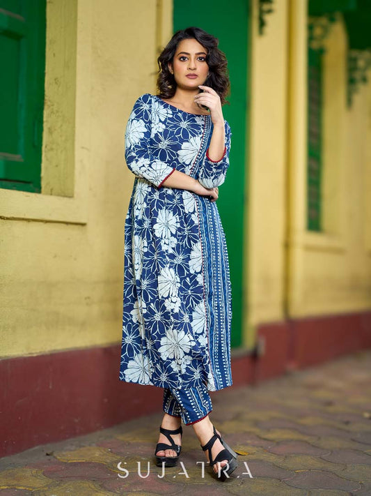 Contemporary Indigo Kurta Featuring Floral & Stripe Panels, Maroon Highlights and Asymmetric Gathered Yoke