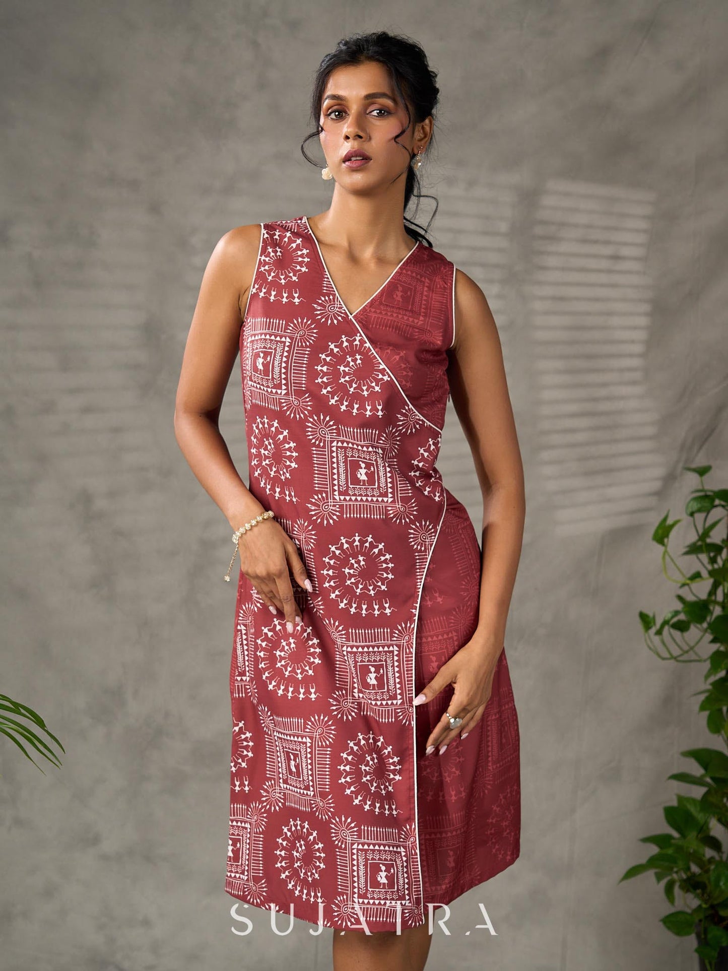 Terracotta warli printed overlap dress with off white accents