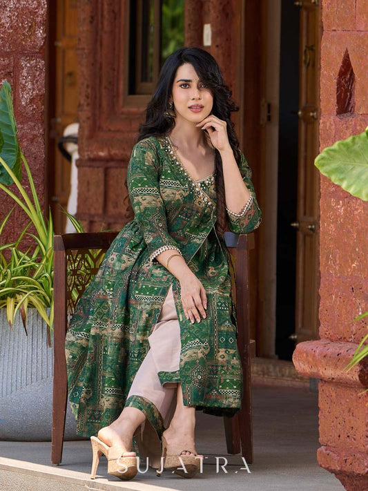 Rich bottle green printed Angrakha with a finely hand-embroidered neckline and soft beige accents.
