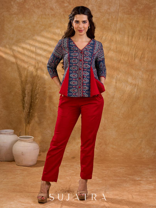 Vibrant red cotton straight pants with a clean, streamlined silhouette, offering breathable comfort, effortless versatility, and a crisp, refined look for everyday styling.