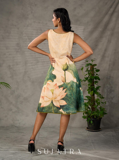 Statement Cream lotus motif dress with earthy olive accents.