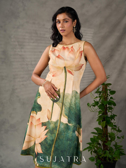Statement Cream lotus motif dress with earthy olive accents.