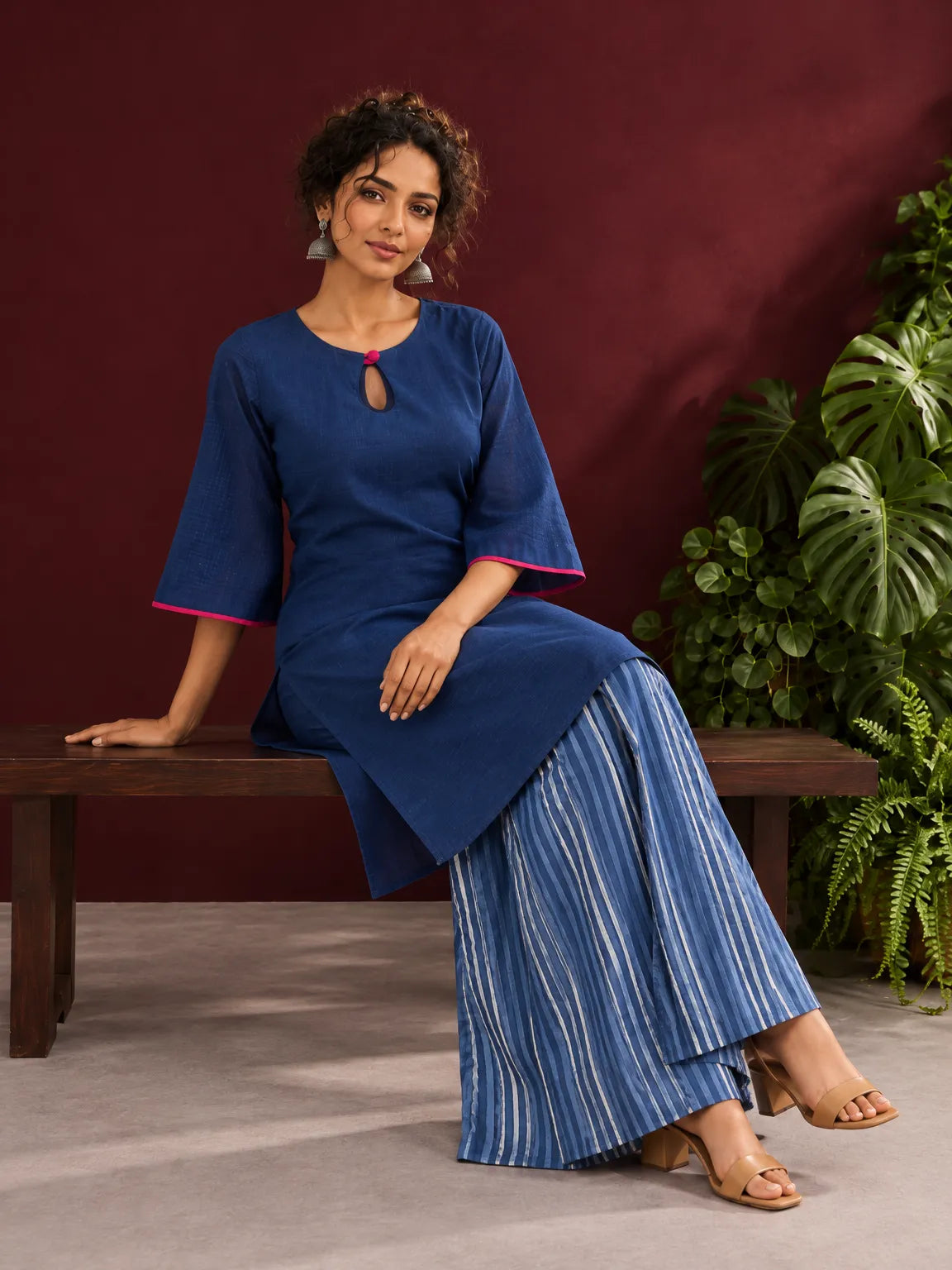 Navy Blue Cotton Keyhole Neckline Tunic Co-ord Set with Indigo Striped Palazzo — view 3