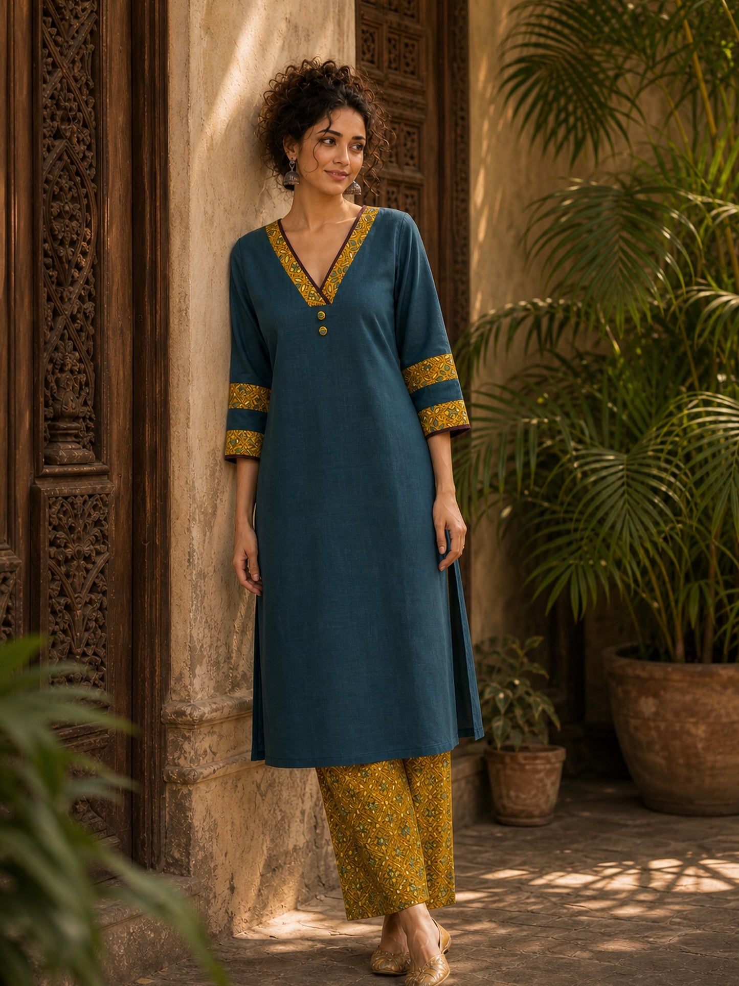 Classic Teal Cotton Kurta with Ajrakh Printed V-Yoke & Double Cuff Band Detail