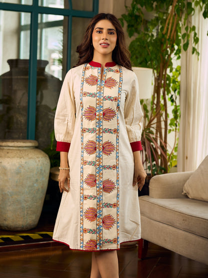 Artisan-crafted off-white Madhubani dress with beautiful hand-painted motifs and trim.