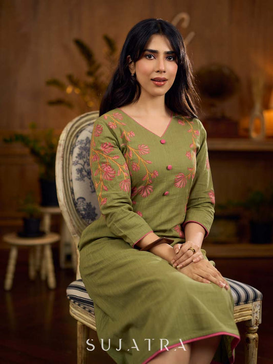 Muted pista hand block printed dress with delicate cascading hand block floral motifs and soft pink accents for a graceful, elegant, and refreshing everyday look.