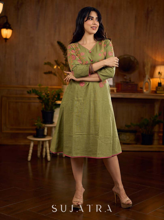 Muted pista hand block printed dress with delicate cascading hand block floral motifs and soft pink accents for a graceful, elegant, and refreshing everyday look.