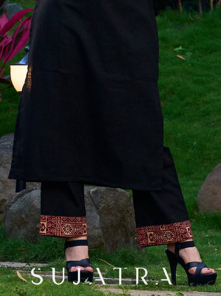 Black Cotton Pant with Maroon Ajrakh Border
