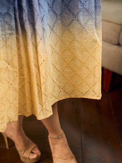 Dreamy grey-to-yellow ombré dress featuring delicate hakoba and graceful pleated detailing.