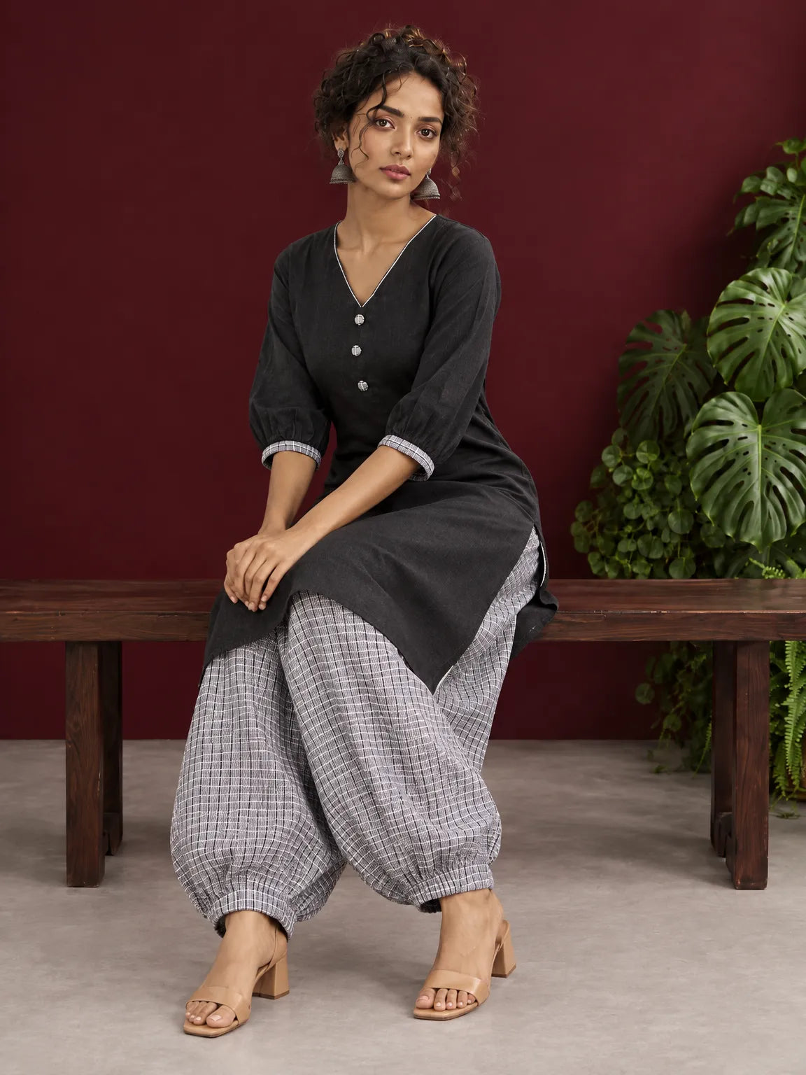 Classic Black Cotton Tunic Co-ord Set with Checkered Cuffs and Button Detail V-Neck paired with Coordinated Checkere — view 3 — view 4
