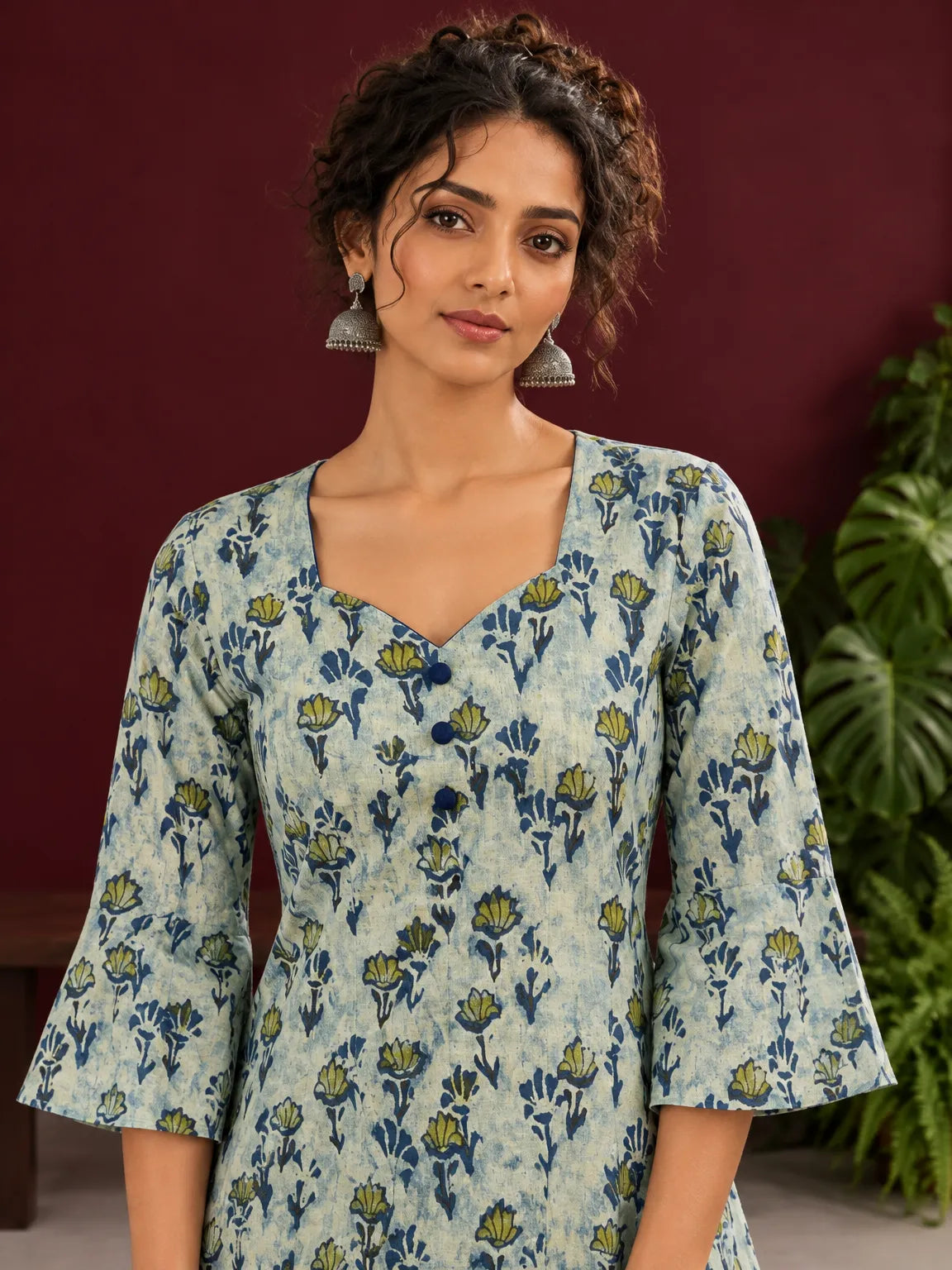Indigo Cotton Co-Ord Set with Printed Floral Tunic & Indigo Striped Palazzo Pants — view 2 — view 7