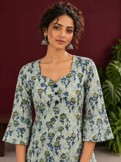 Indigo Cotton Co-Ord Set with Printed Floral Tunic & Indigo Striped Palazzo Pants — view 2