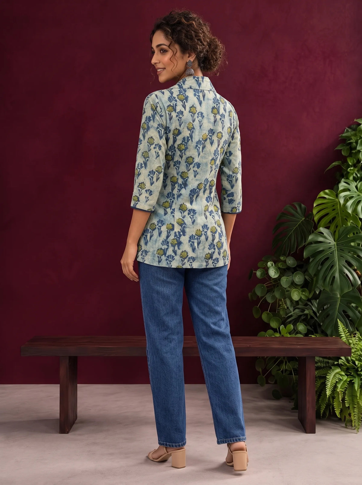 Classic Indigo Floral Printed Cotton Shirt with Bell Sleeves — view 4 — view 6