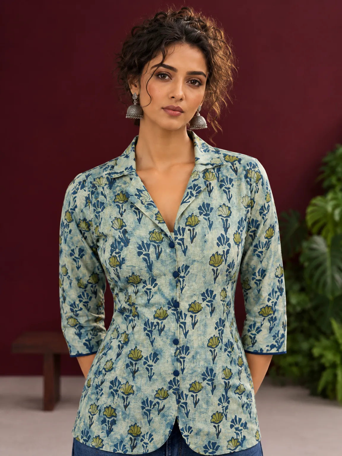 Classic Indigo Floral Printed Cotton Shirt with Bell Sleeves — view 3 — view 5