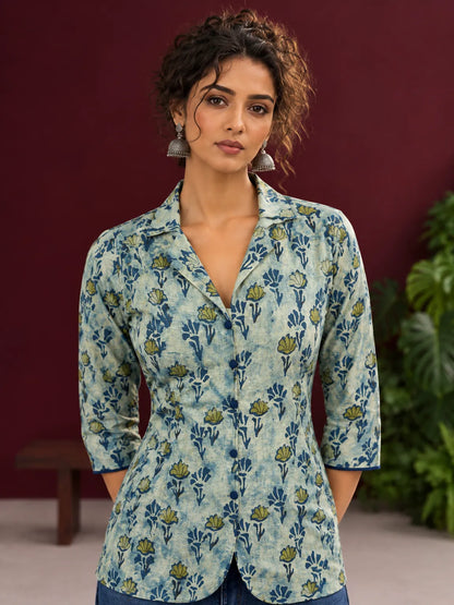 Classic Indigo Floral Printed Cotton Shirt with Bell Sleeves — view 3