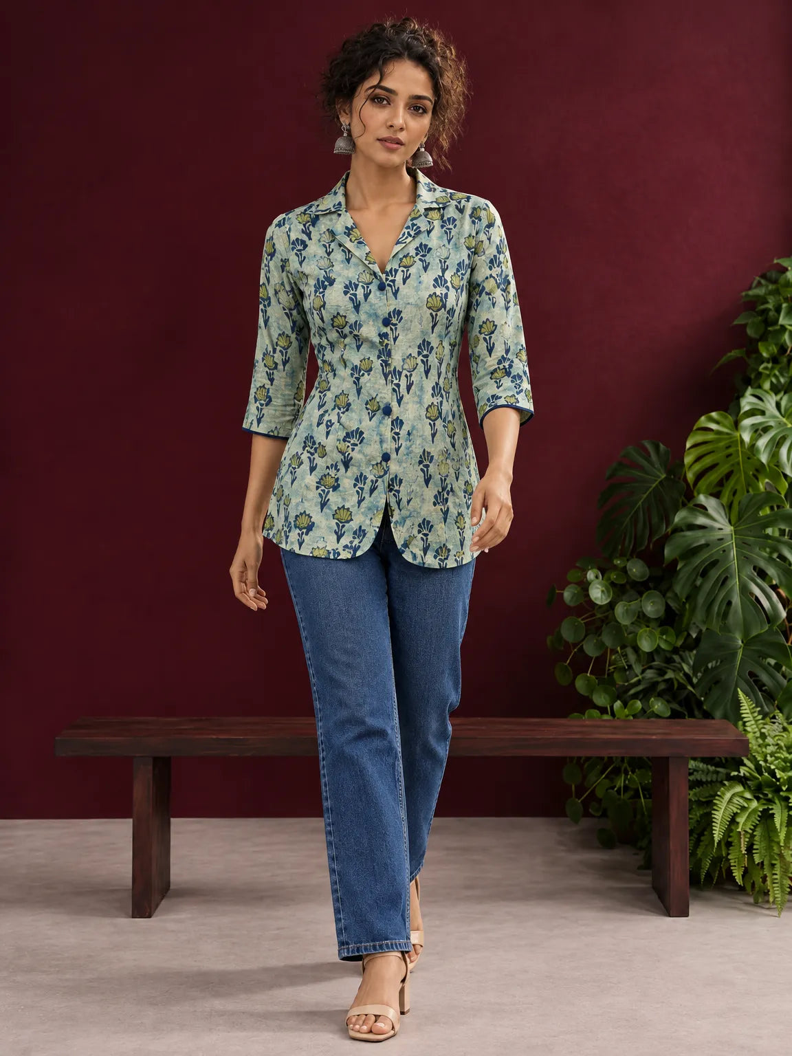 Classic Indigo Floral Printed Cotton Shirt with Bell Sleeves — view 2 — view 3