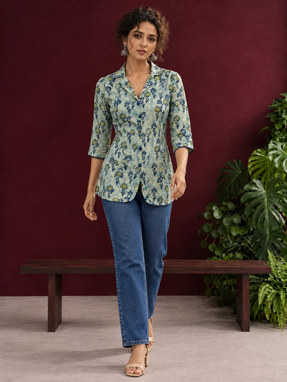 Classic Indigo Floral Printed Cotton Shirt with Bell Sleeves — view 2