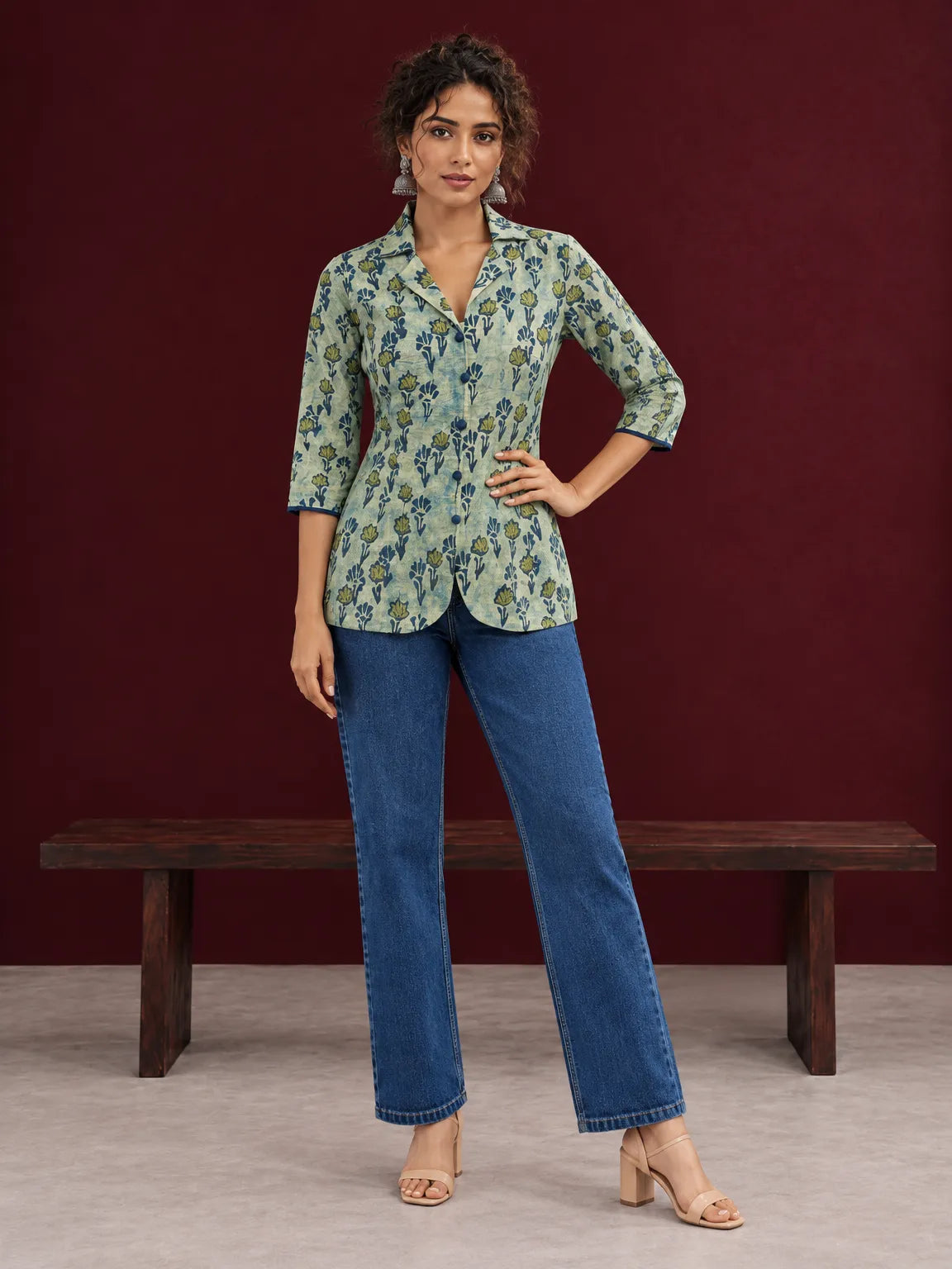 Classic Indigo Floral Printed Cotton Shirt with Bell Sleeves — view 2