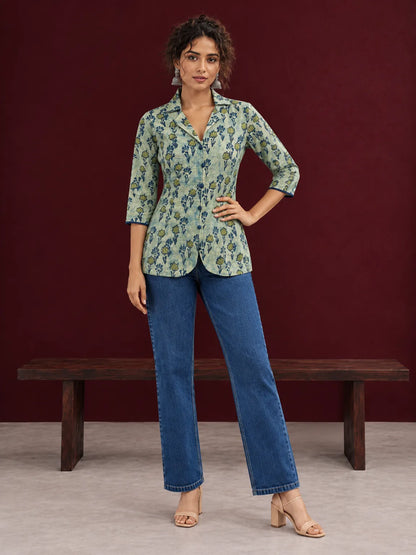 Classic Indigo Floral Printed Cotton Shirt with Bell Sleeves