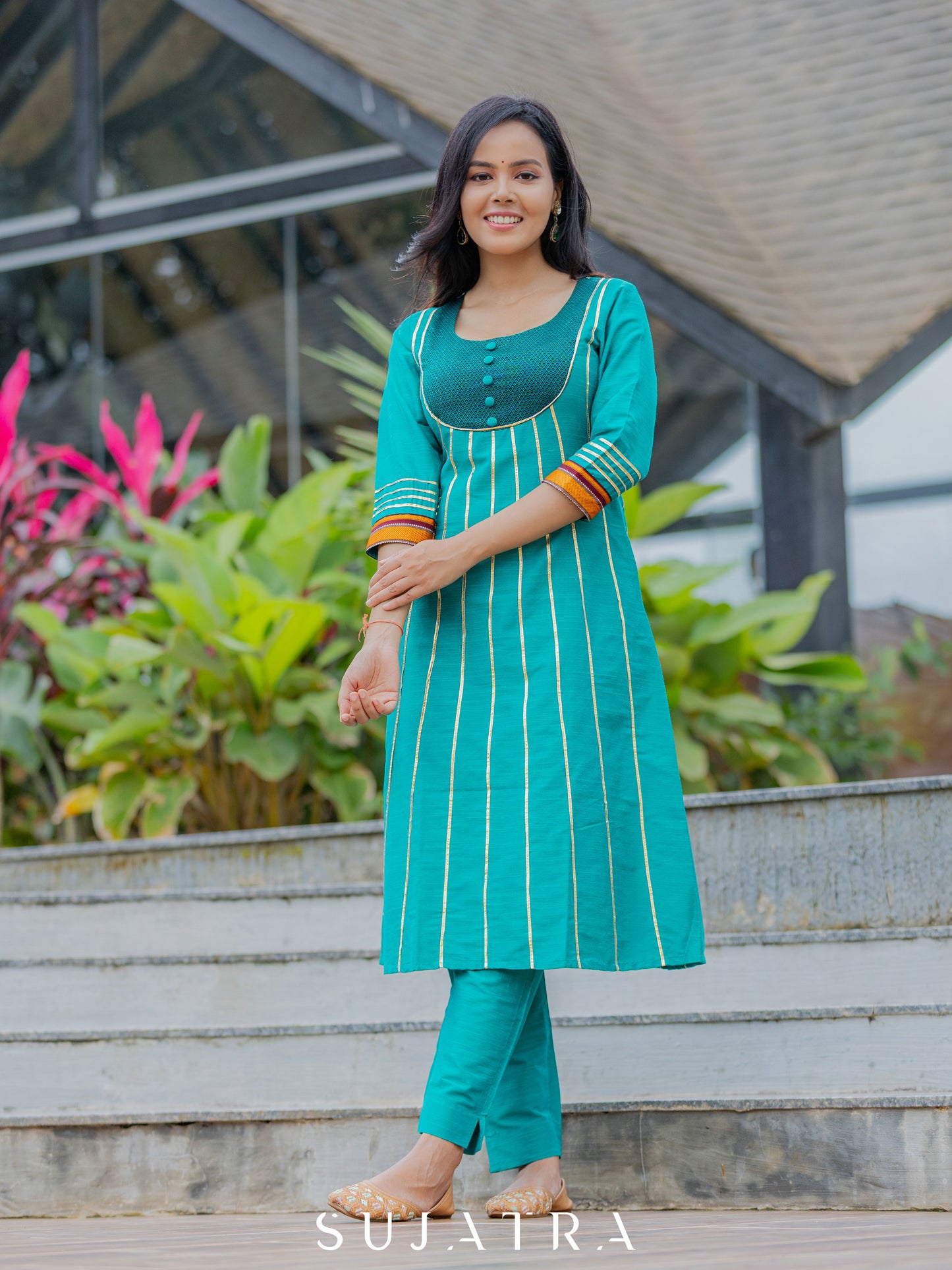 Teal Cotton Silk Pant