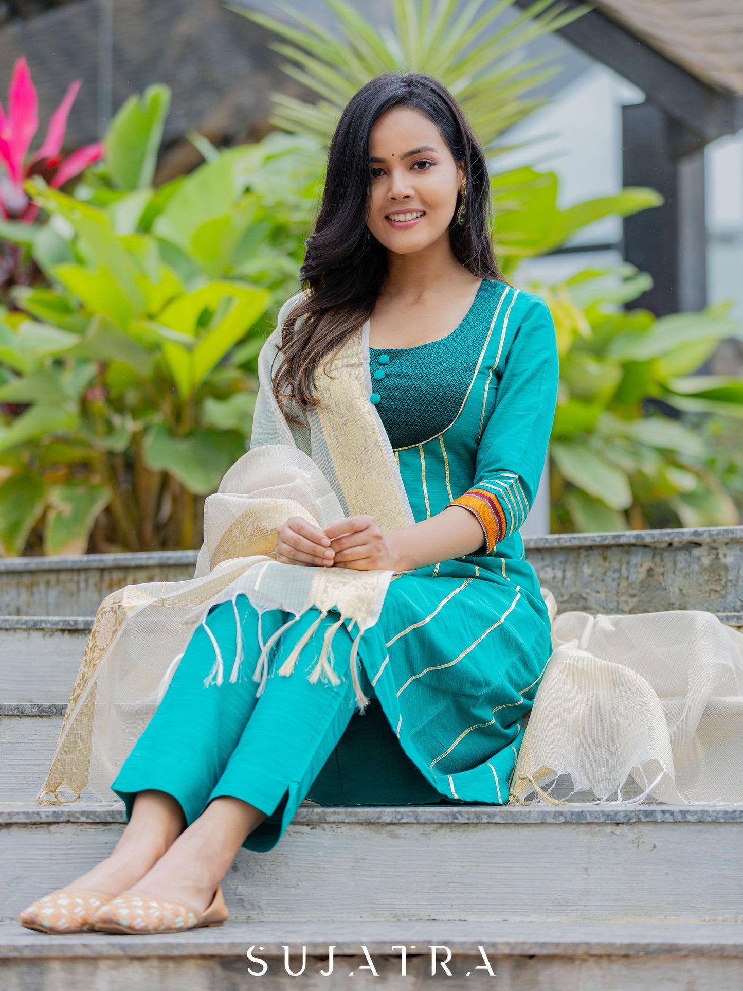 Teal Cotton Silk Pant