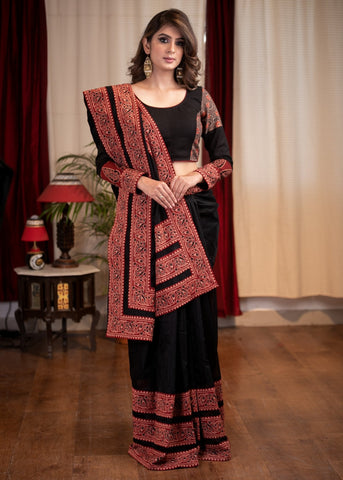 Exclusive black ikat & beige handloom cotton saree with embroidered kutch mirror work patches