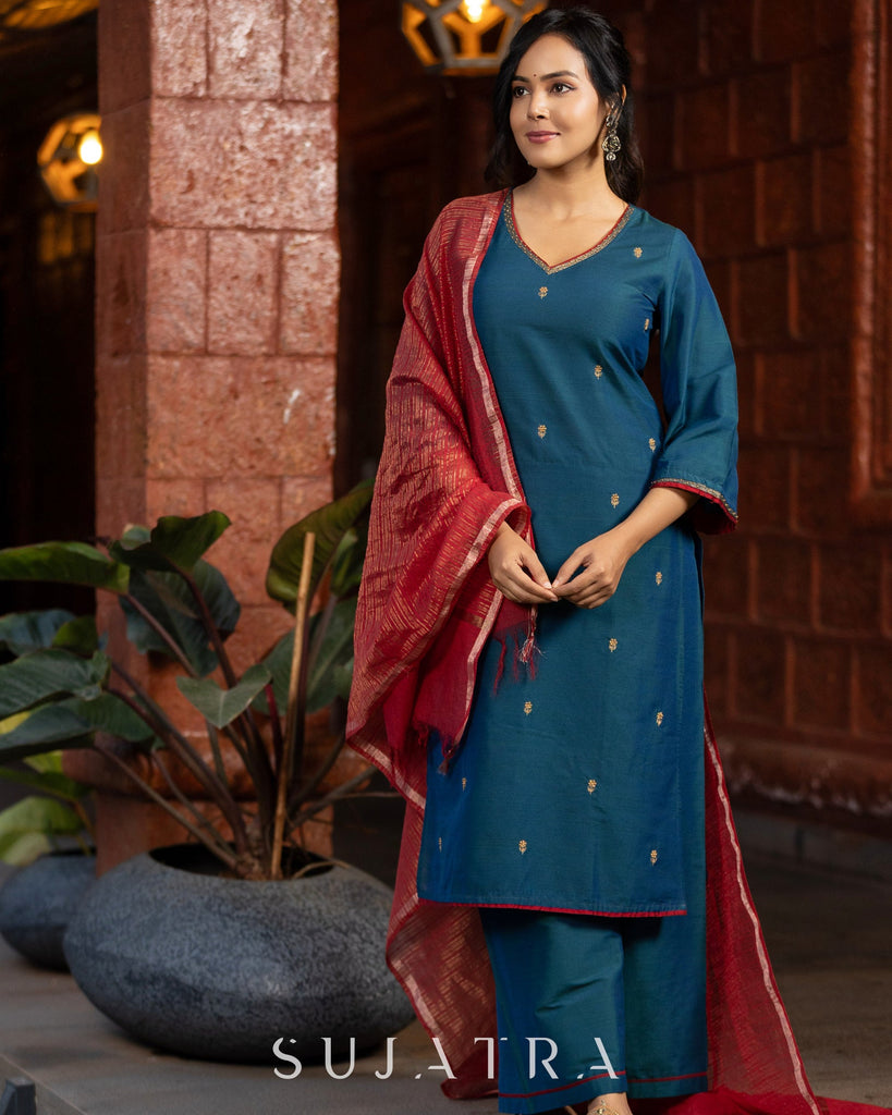 Noor - e - Neel Delicate Hand Embroidered Cotton Silk Kurta