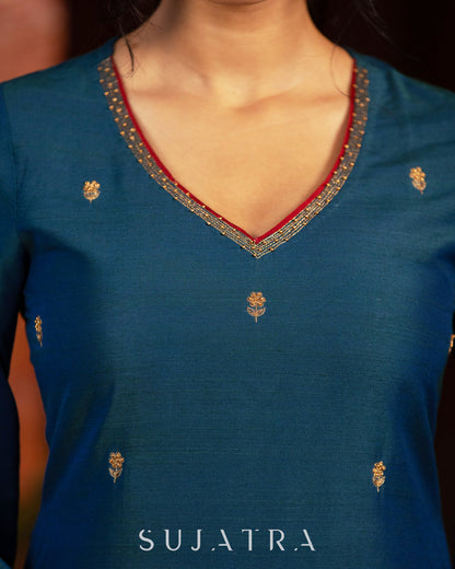 Noor - e - Neel Delicate Hand Embroidered Cotton Silk Kurta