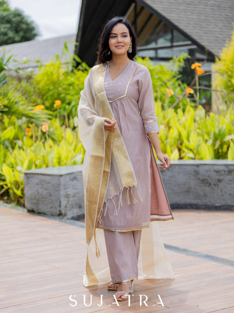 Mauve MÃ©lange Chanderi Silk Kurta with Intricate Hand Embroidery