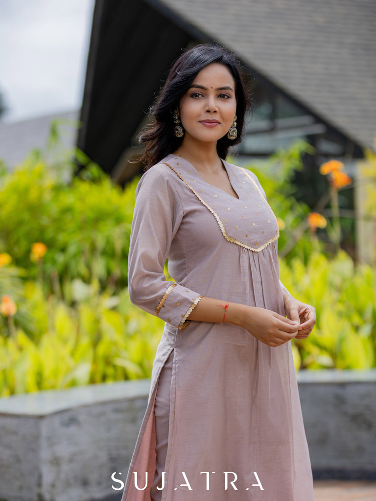Mauve MÃ©lange Chanderi Silk Kurta with Intricate Hand Embroidery
