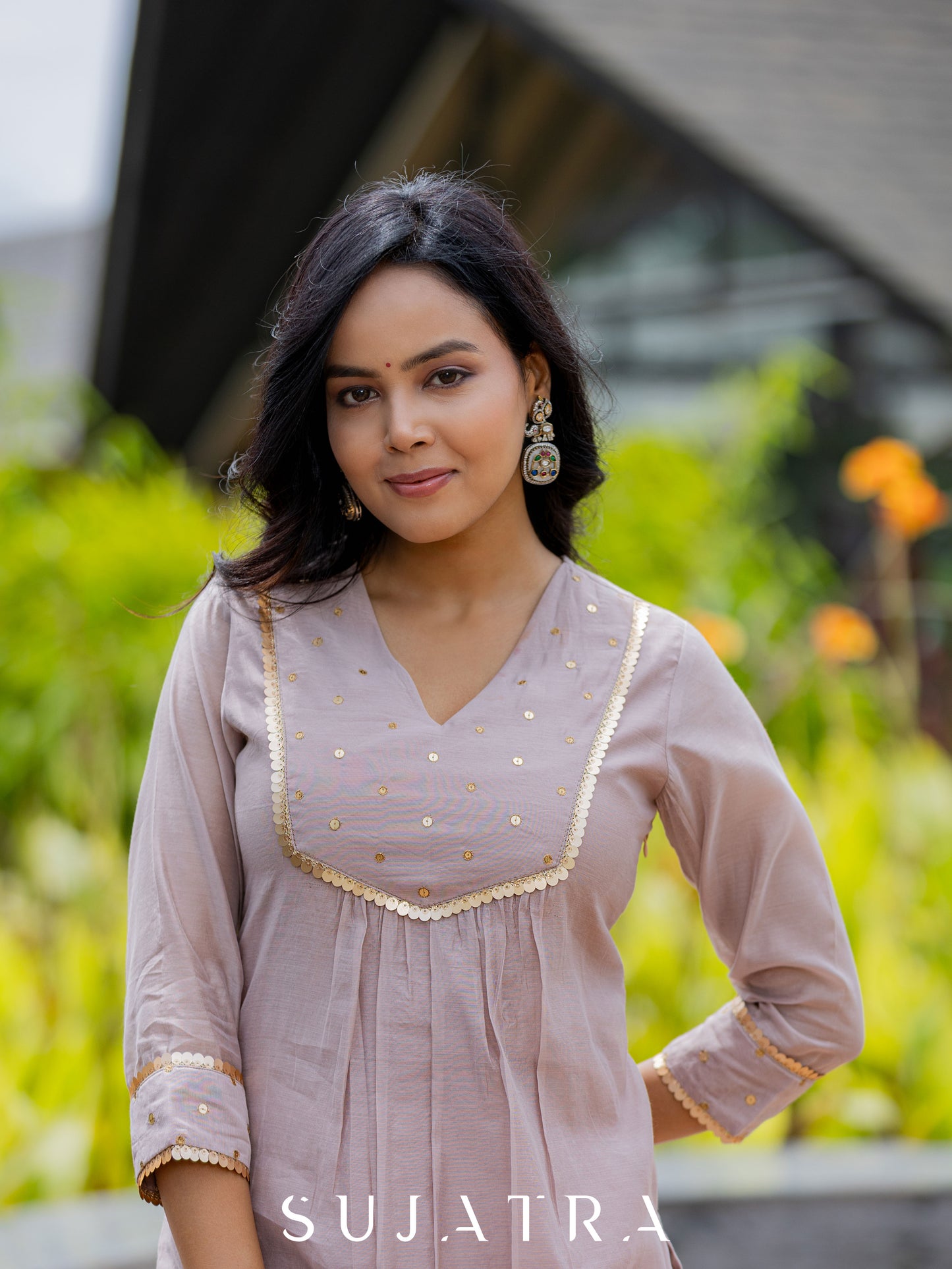 Mauve Mélange Chanderi Silk Kurta with Intricate Hand Embroidery