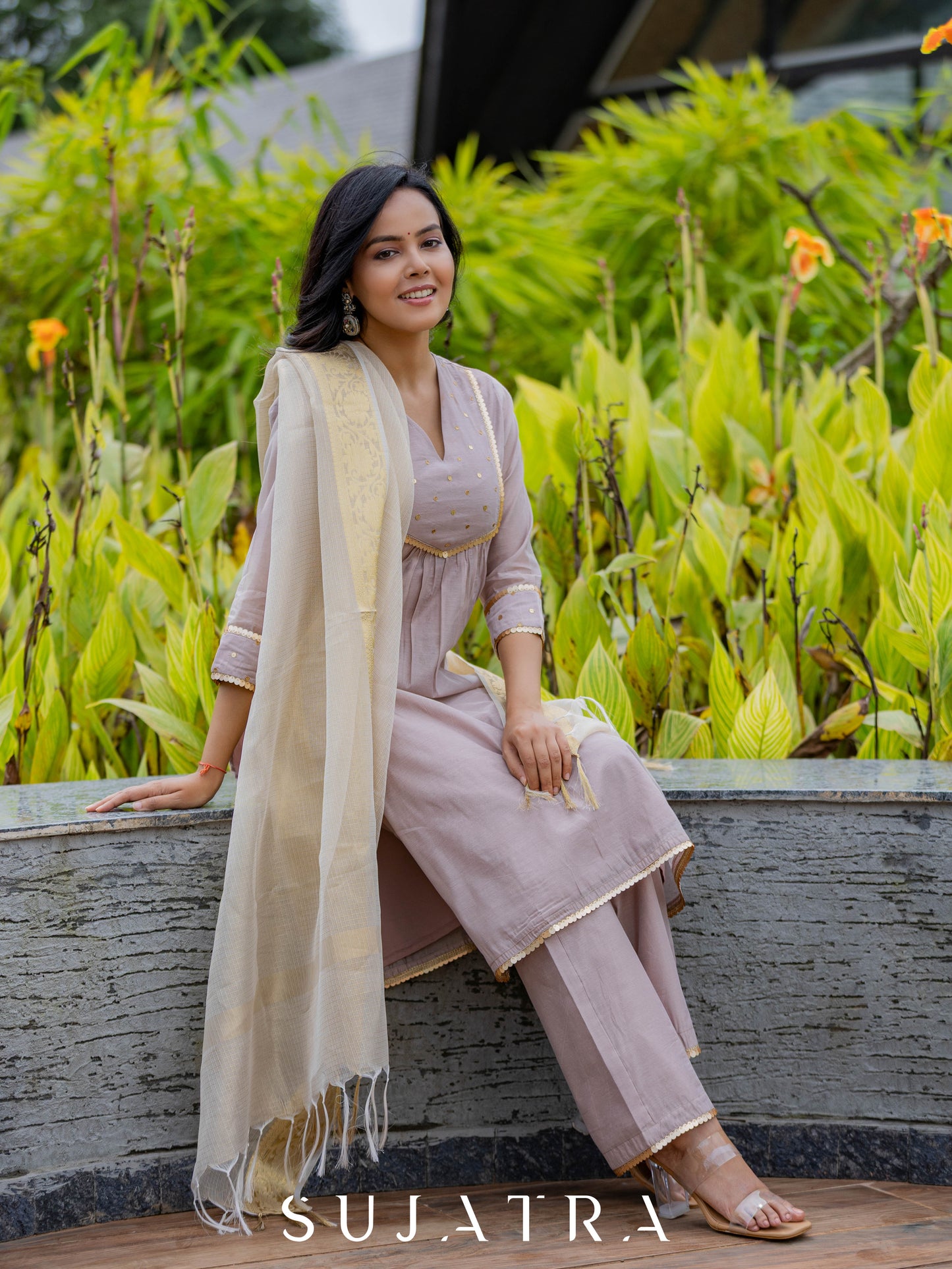 Mauve Mélange Chanderi Silk Kurta with Intricate Hand Embroidery