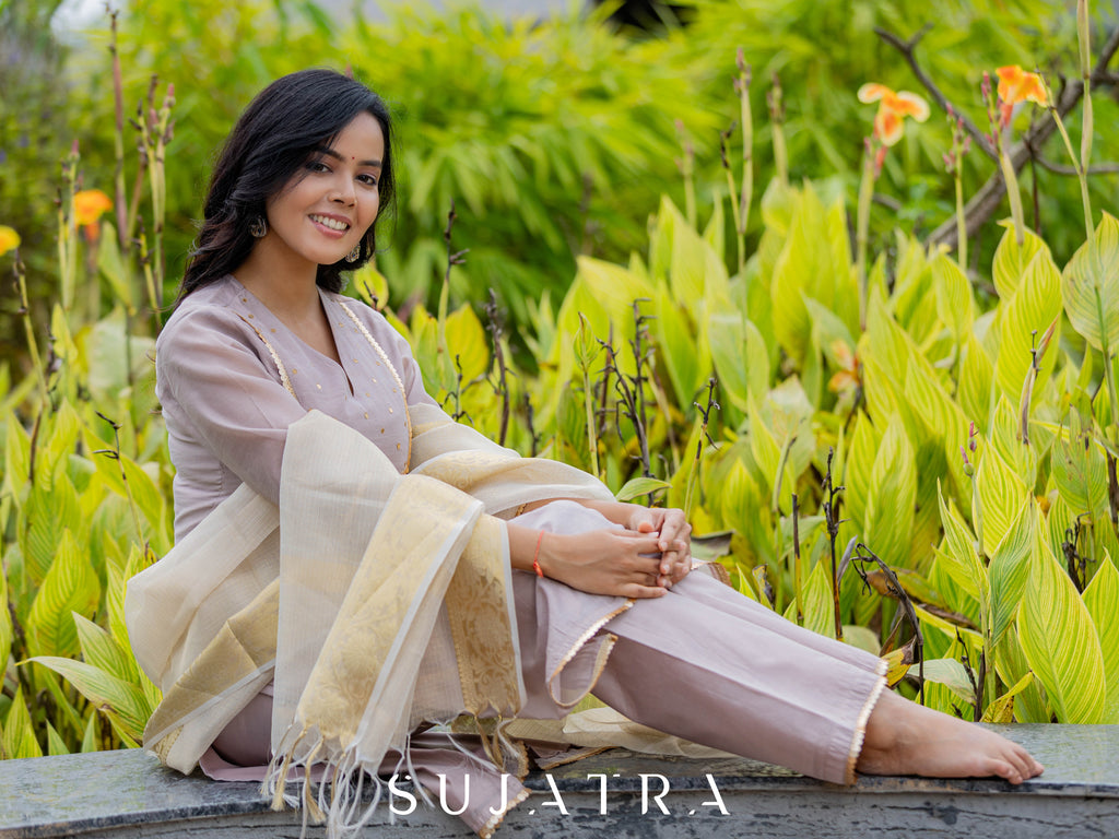 Mauve MÃ©lange Chanderi Silk Kurta with Intricate Hand Embroidery